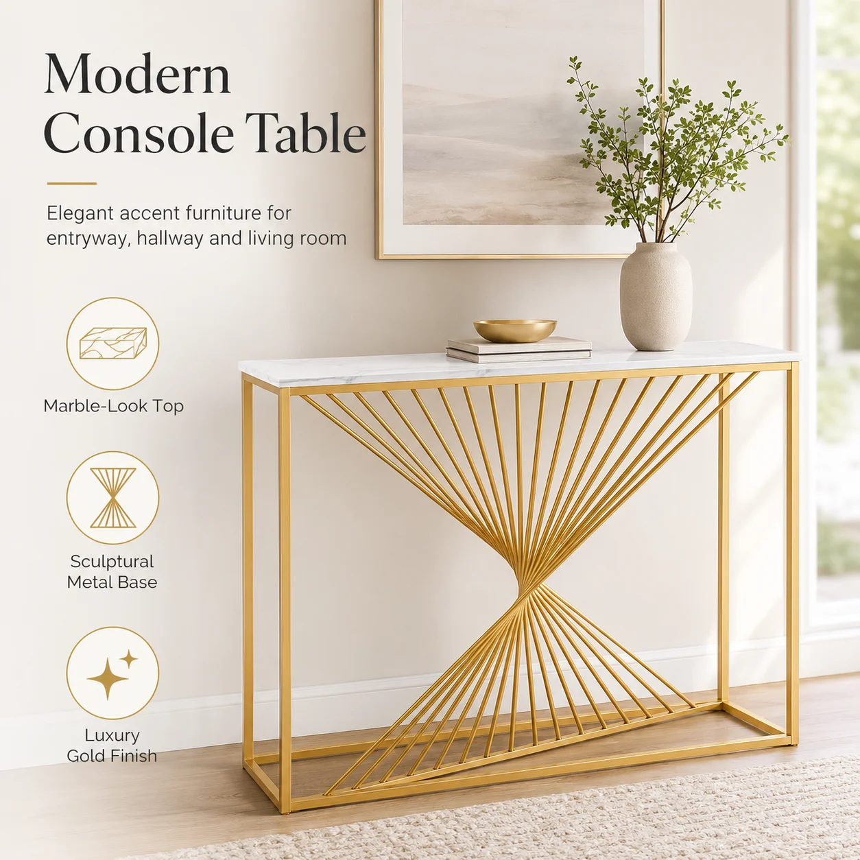 Mesa Consola Moderna de Mármol con Marco de Metal Dorado, Mesa de Entrada, Mesa Estrecha para Sofá, Mesa Decorativa para Pasillo, para Sala de Estar