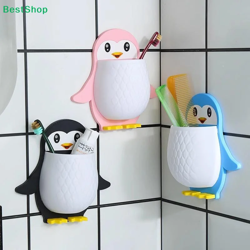 ☽ Niedlicher Cartoon-Pinguin Wandmontierter Aufbewahrungshalter ohne Bohren, perfekt für Badezimmer, Zahnbürsten- und Toilettenartikel-Organizer