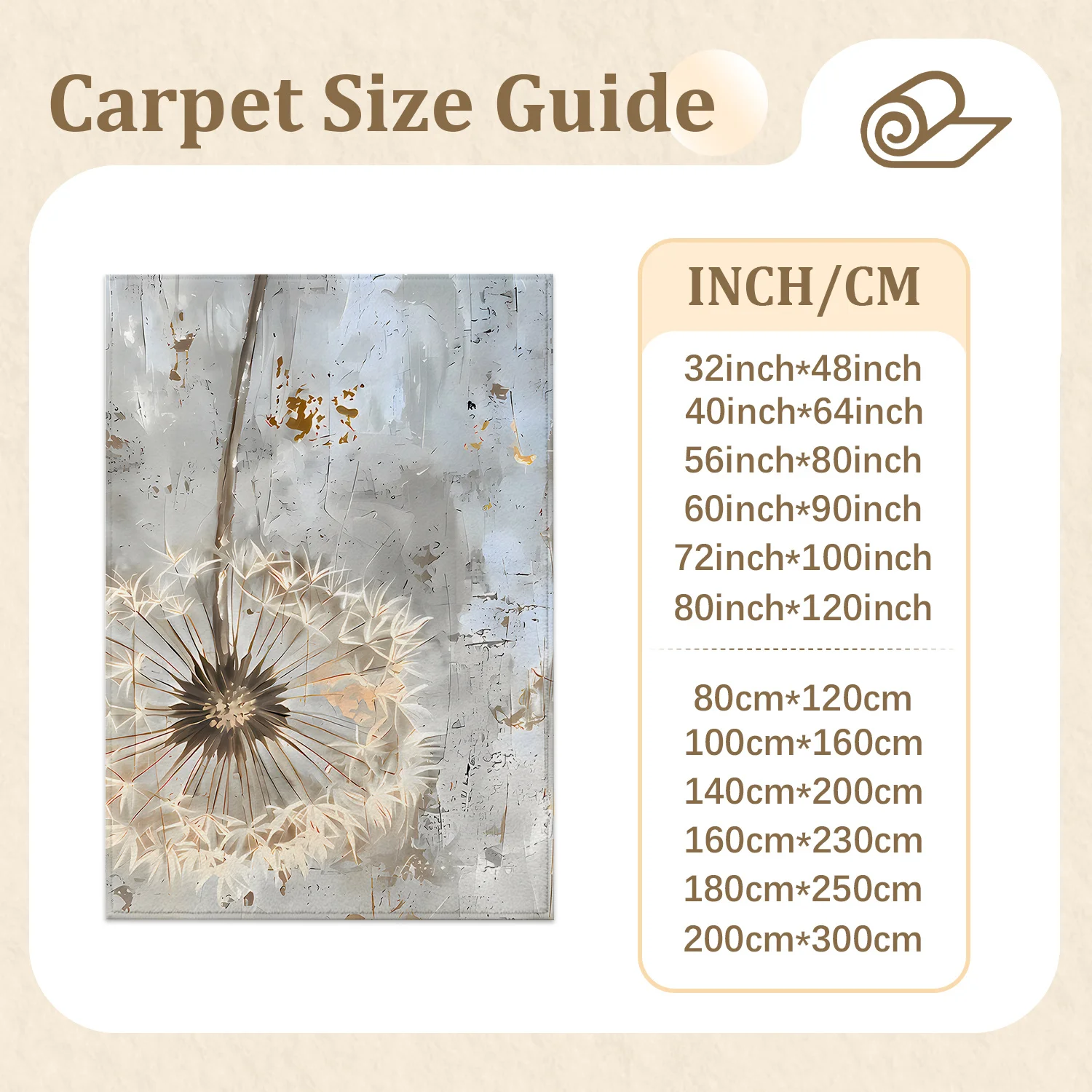 Large Indoor Area Rug, Soft Velvet Low Pile with Non-Slip Dotted Backing, Machine Washable Abstract Dandelion Flower Pattern in Neutral Gold and Gray, Ideal for Living Room and Bedroom