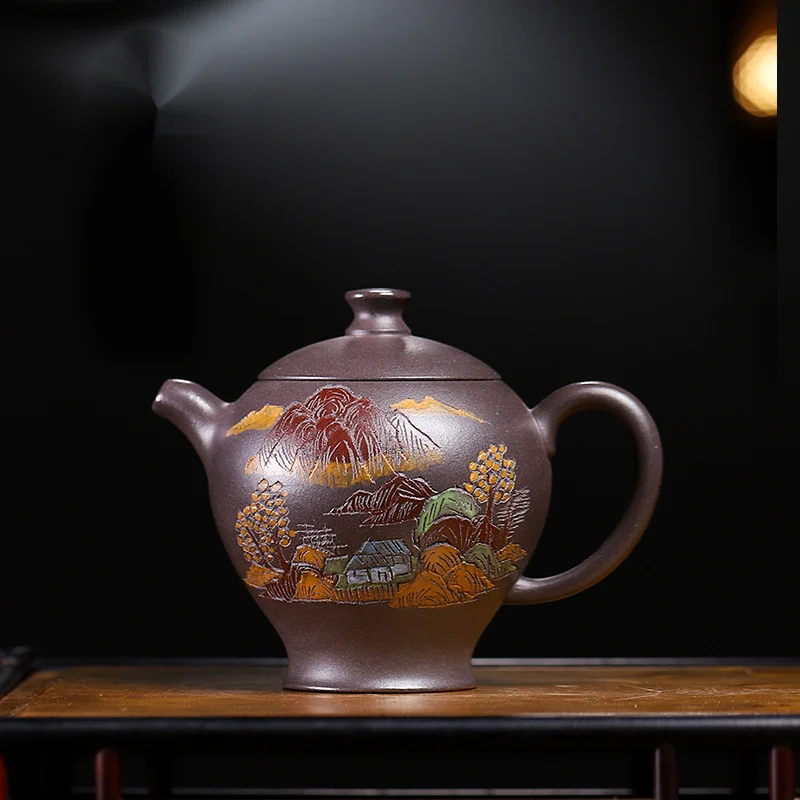 Yixing Purple Clay Pot Pure Hand-painted Qianli Jiangshan High Temperature Raw Mineral Mud High-end Incense Pot 220cc