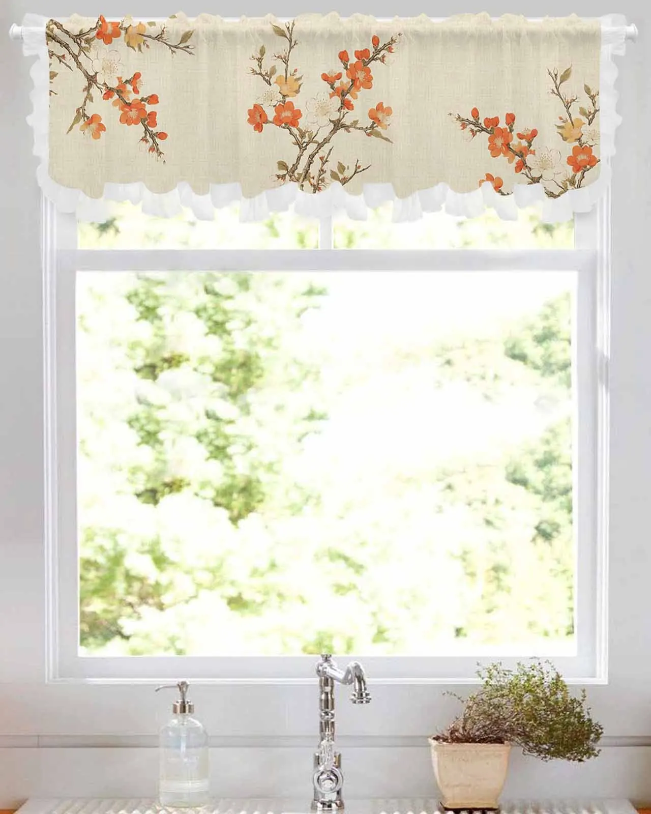 Plum Blossom Leaves Branches Short Tulle Half Curtains for Living Room Kitchen Door Cafe Window Sheer Valance Drapes