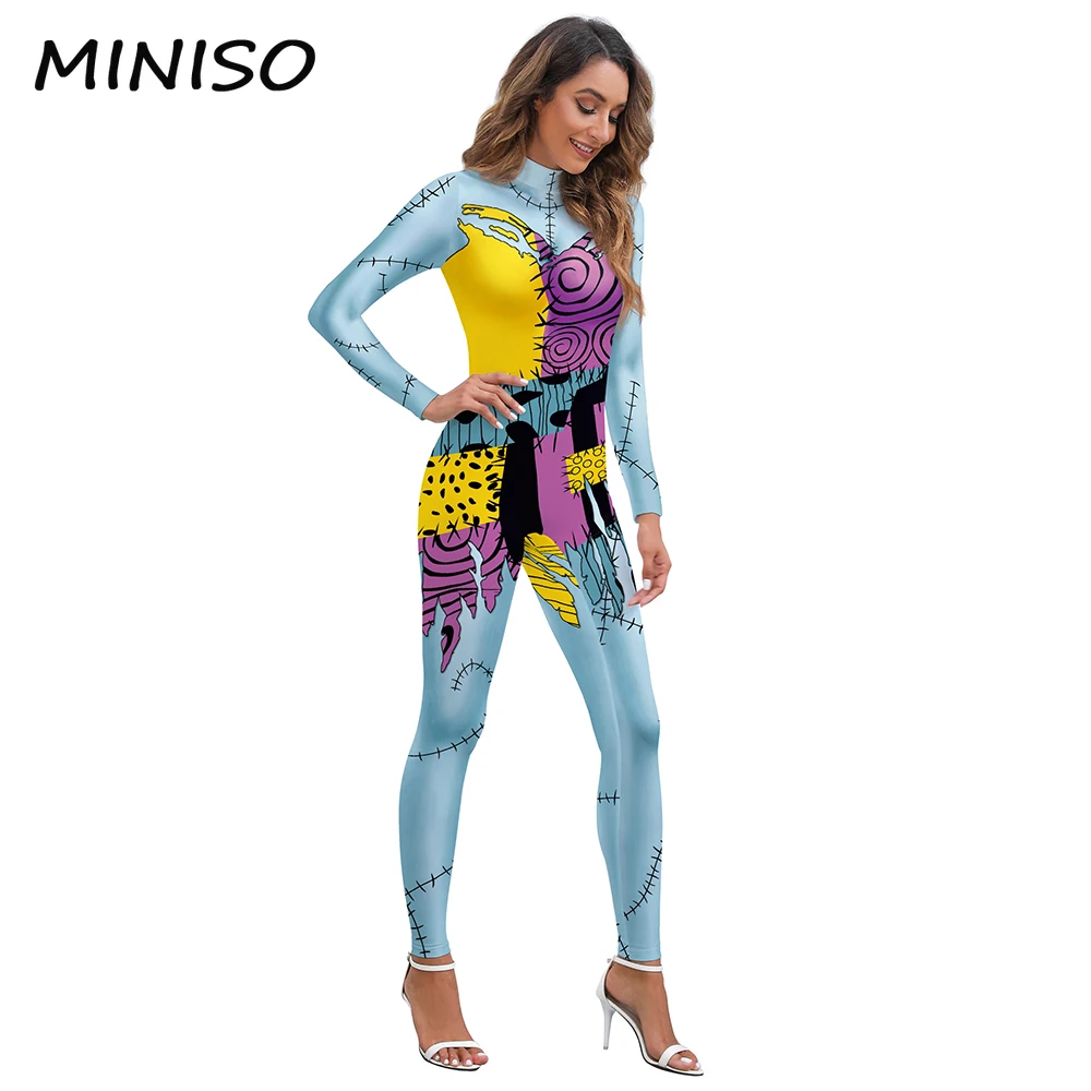 MINISO-Costume de cosplay de Sally pour femme, costume de batterie Zentai, costume de film d'Halloween, combinaison de fête habillée, robes gothiques, leggings