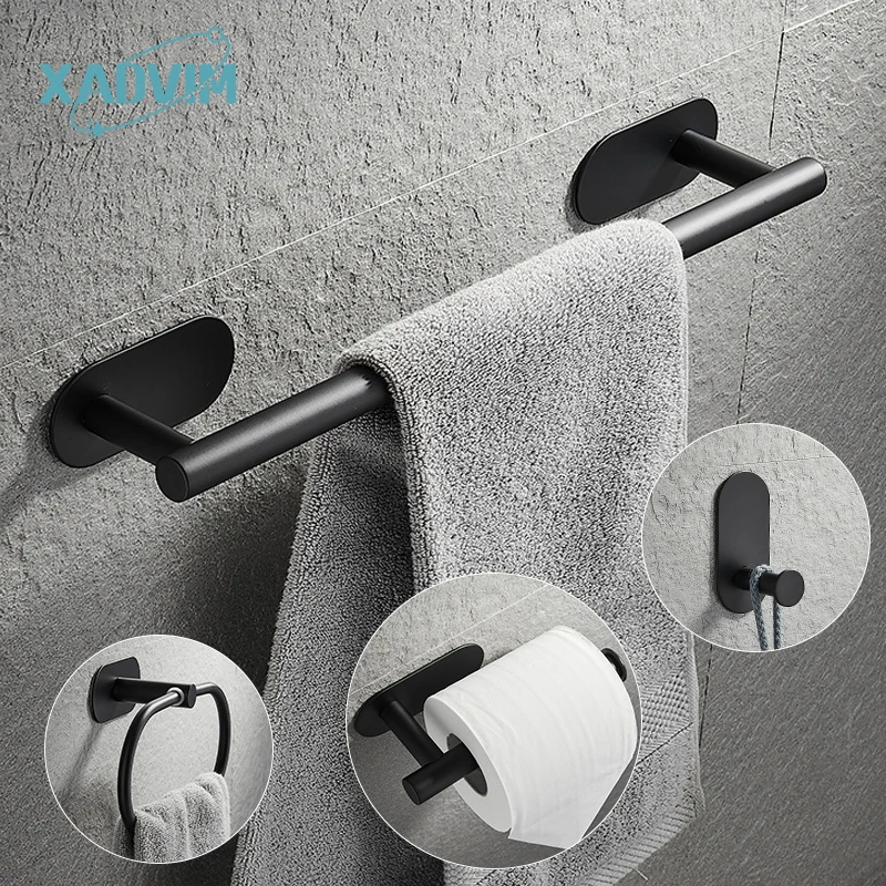 No Punching Stainless Steel Self-adhesive Towel Bar, Paper Holder, Robe Hook, Towel Ring, Black Sliver Bathroom Accessories Sets