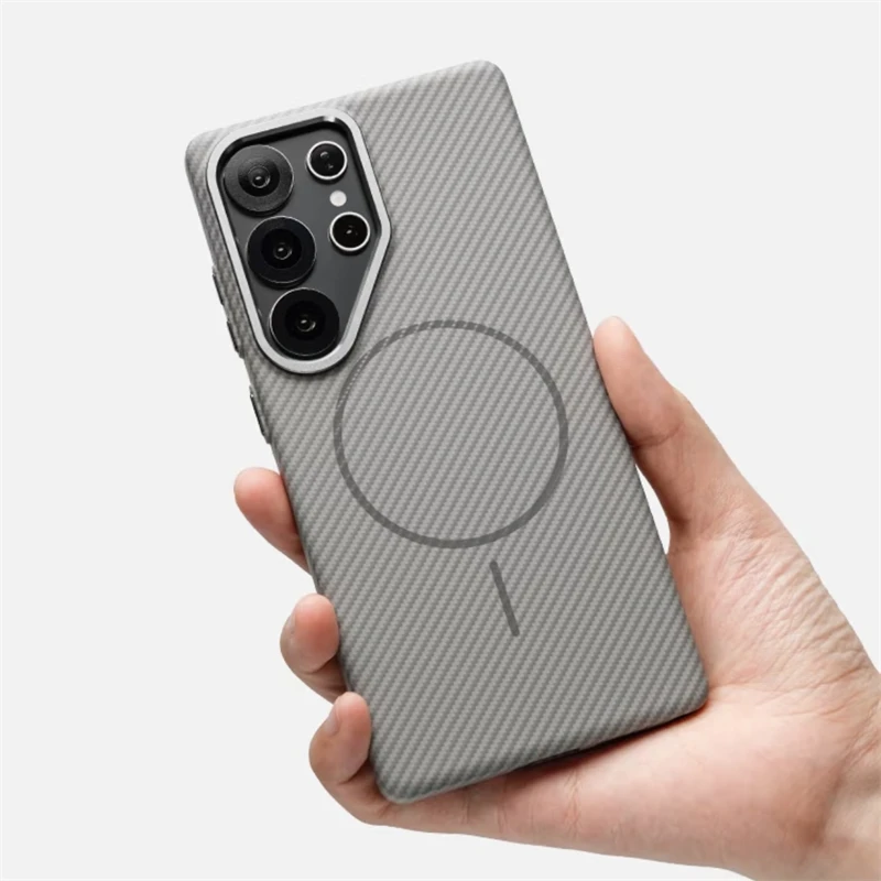 

For Samsung Galaxy S25 S24 Ultra Plus Carbon Fiber Texture Magsafe Case Magnetic Wireless Charging Alloy Lens Shockproof Cover