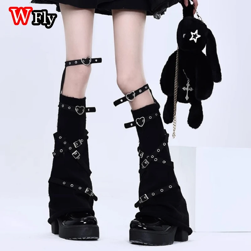 Women's Harajuku Steampunk Y2K Love Metal Leather Buckle Leg Covers Cross Knee Socks Subculture Spicy Girls Leg Warmers Cover