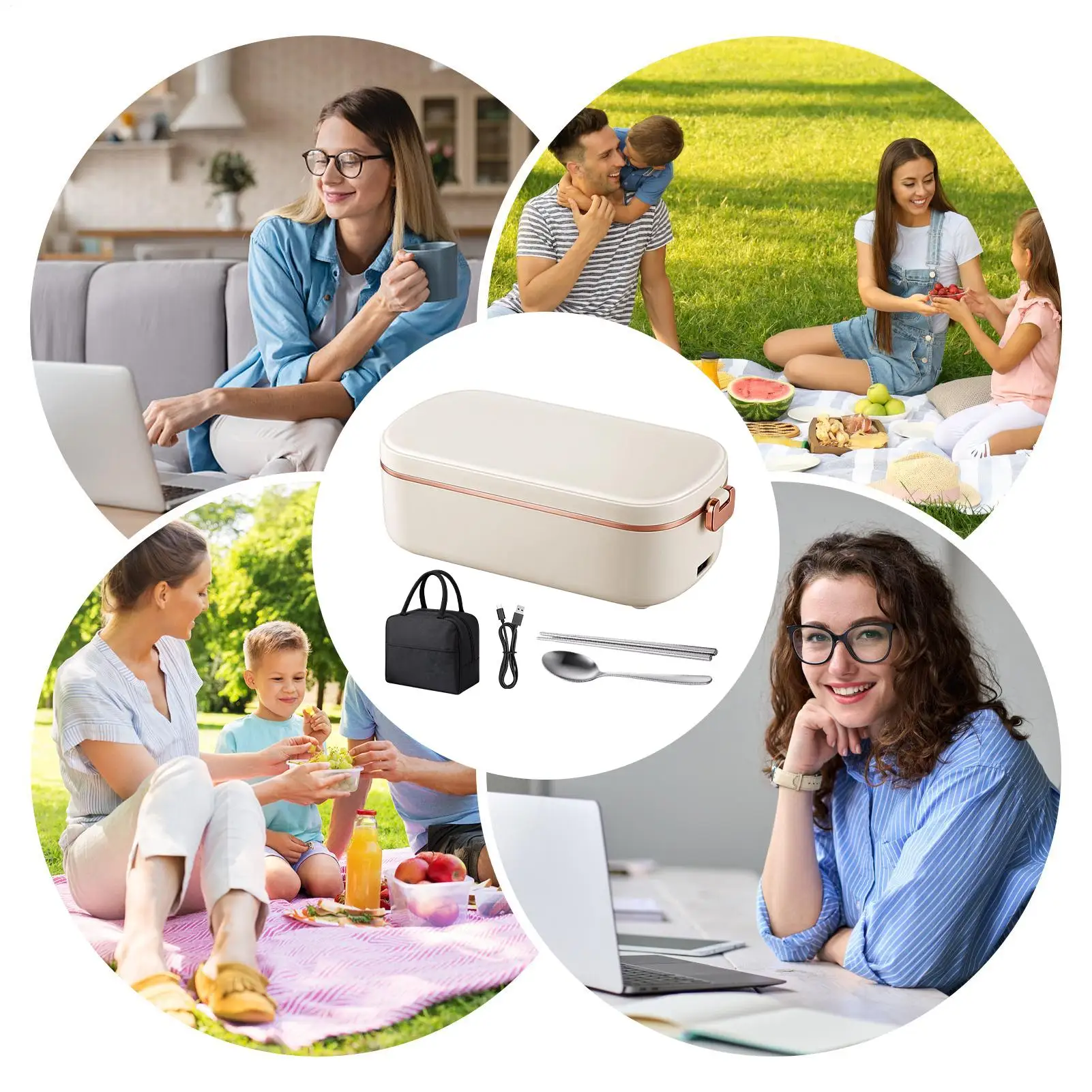 Self Heating Lunch Box 36W Cordless Rechargeable Container 900ml Lunch Container With Utensil And Insulated Bag For Adult Office