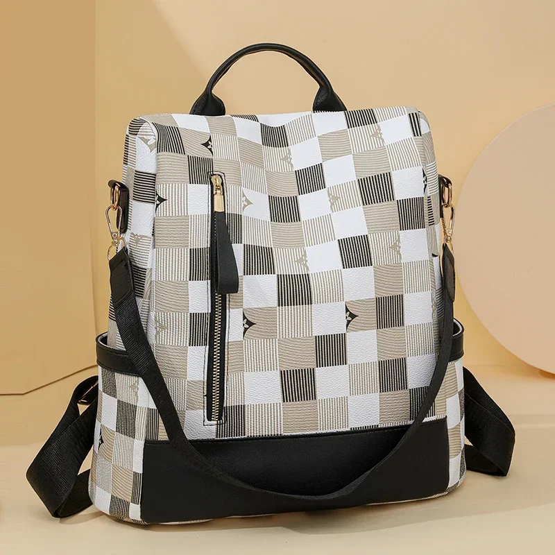 Casual Backpack Contrast Plaid Popular Print fashion Ladies Backpack Large Capacity Lightweight All-match Multi-use Shoulder Bag