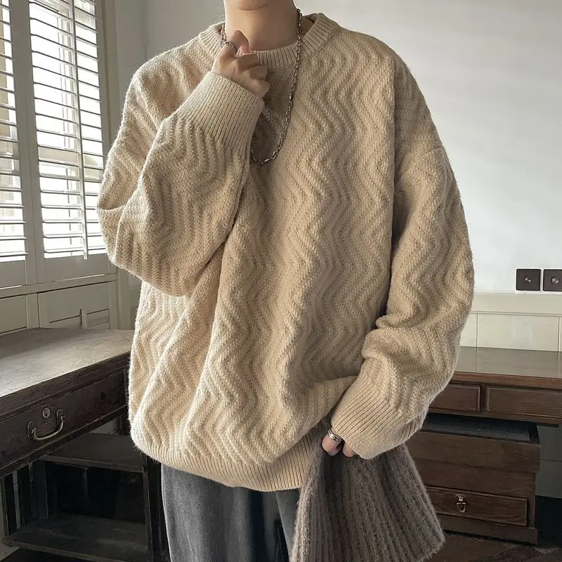 Basic Wave Cut Loose Sweaters Men's Clothing Solid Color Autumn Winter Vintage Long Sleeve Casual Round Neck Knitted Pullovers