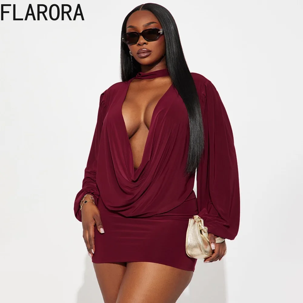 

FLARORA Sexy Deep V-Neck Two Piece Sets Women Swing Collar Long Sleeve Ruched Tops And Peach Hip Skirts Elegant Party Clubwear