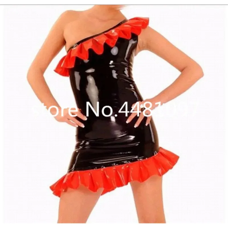 

Sexy Black Latex Strapless Skirts with Red Lace Fetish Costumes Lady Tights Dress Party Wear Plus Size