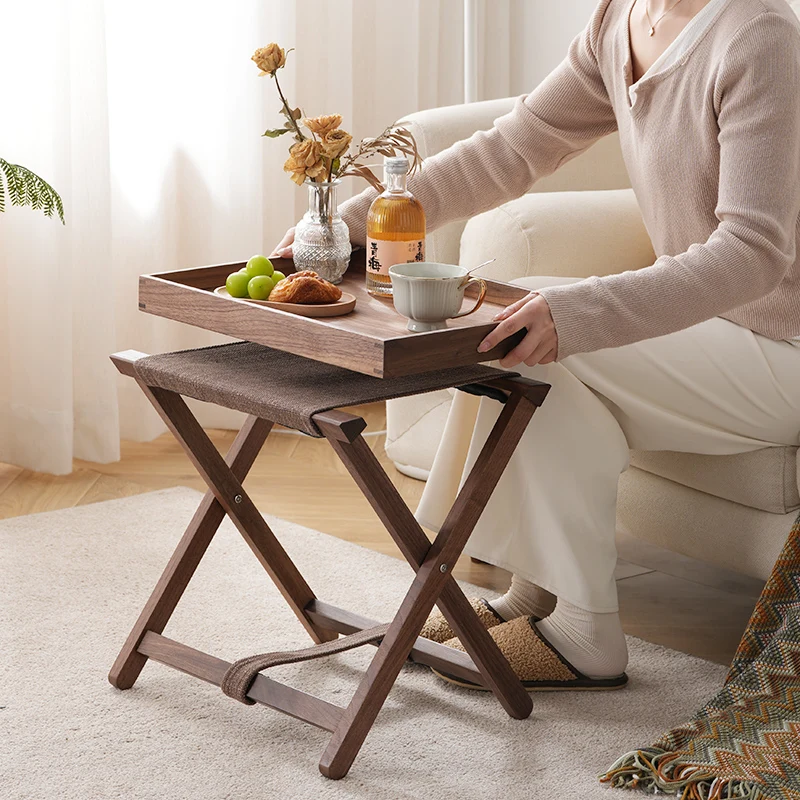 Walnut Folding Side Tables Solid Wood Coffee Tables with Detachable Tray Nordic End Table for Sofa Portable Outdoor Tea Desk