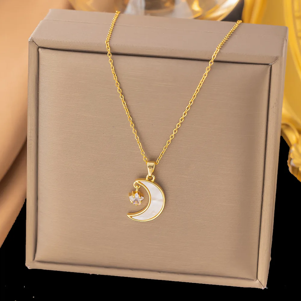 ANENJERY 316L Stainless Steel Moon Star Inlaid Zircon Necklace for Women Design Clavicle Chain Jewelry Gift Party Wholesale
