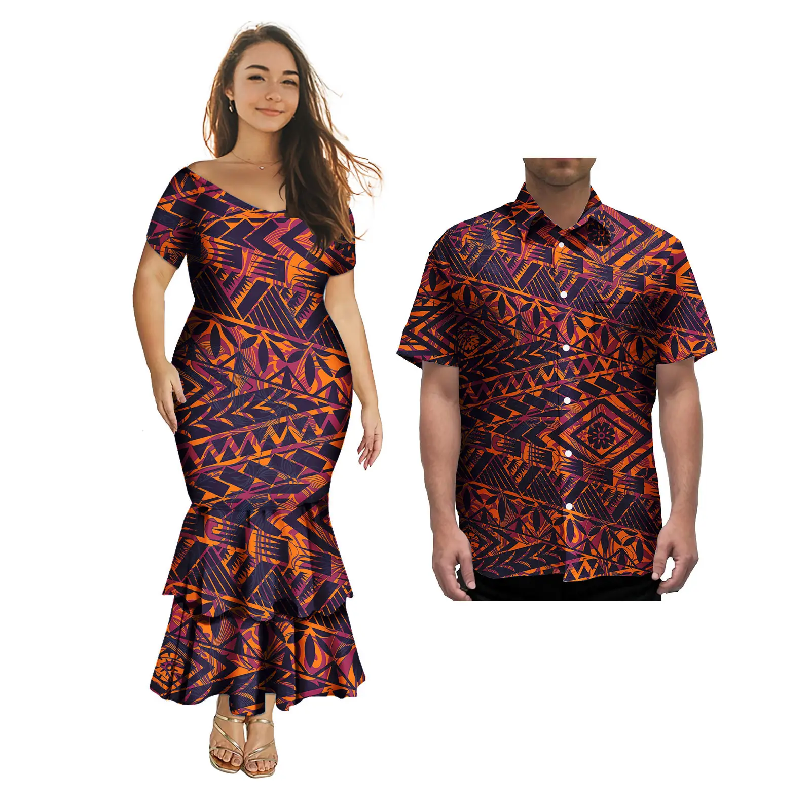 การจับคู่คู่ชุด Polynesian ออกแบบที่กําหนดเอง Elegant ผู้หญิงชุดนางเงือกและเสื้อฮาวาย Aloha เกาะคู่ 2 ชิ้นชุด