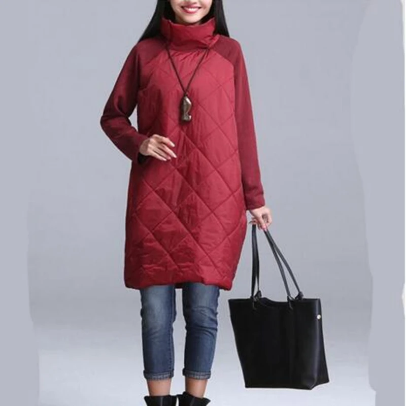 Winter Women Jacket Coat Patchwork Splice Ropa Mujer Turtleneck Cotton Vestidos Cotton Padded Jacket Casacos De Inverno Feminino