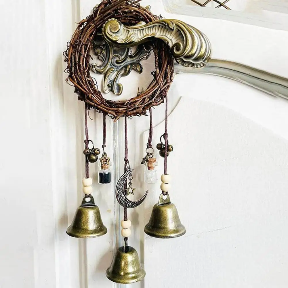 Wicca Wind Chime Door Handle Bell Handmade Brass Bell Witchcraft Door Hanger with Wishing Bottle Rattan for Wicca