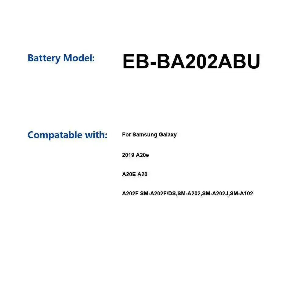 

Аккумулятор для мобильного телефона EB-BA202ABU 3000 мАч для Samsung Galaxy 2019 A20e A20E A20 A202F SM-A202F DS SM-A202 SM-A202J SM-A102
