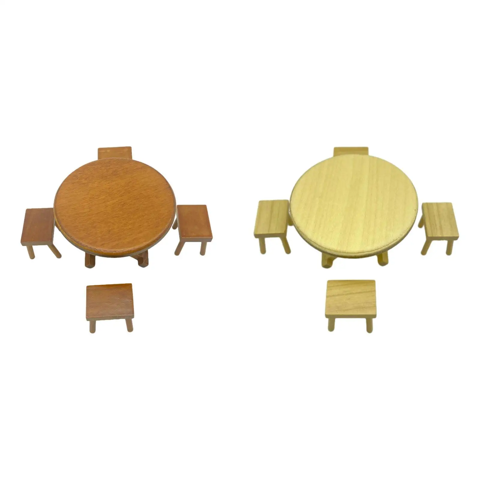 Ensemble de modèles de chaise de table à manger en bois, mini table et tabouret en bois 1:12,