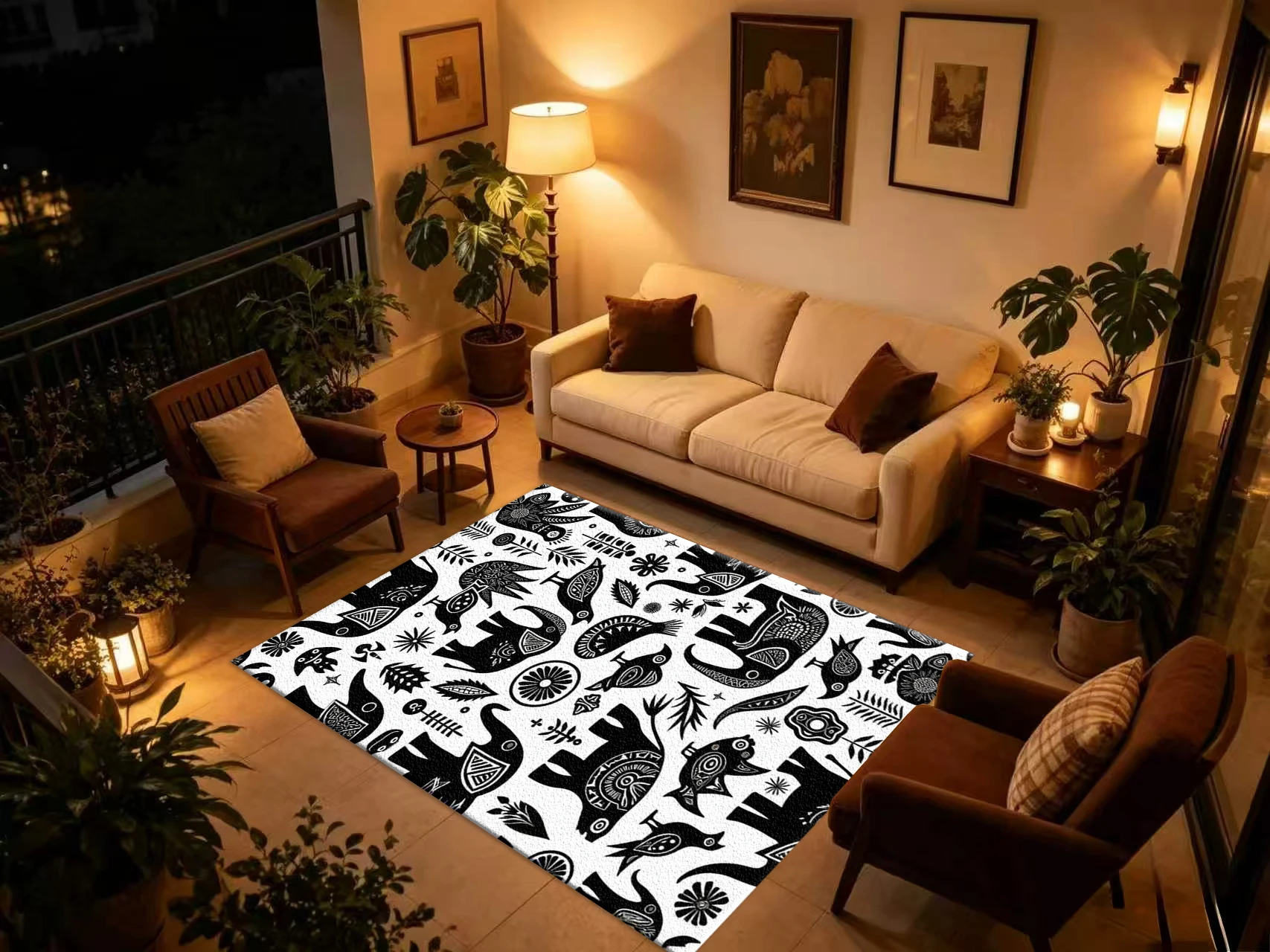 Black White Ethnic Elephant Bird Carpet Flooring, Tribal Bohemian Non-Slip Area Rug for Living Room Bedroom Home Mat