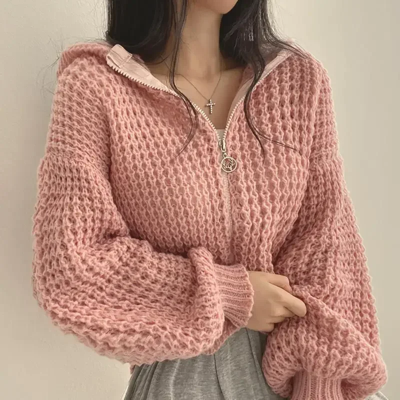 بلوفر نسائي غريب Verschluss Mantel ، كوري Herbst الشتاء Kapuze ، قمم Strickjacke Kurze ، تصميم Revers kargen ، توب فضفاض