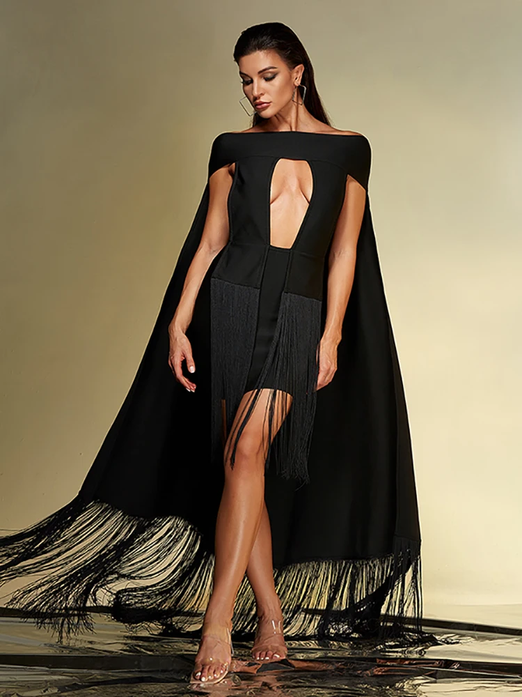 Sexy Slash Neck Cut-out Fringe Cape Mini Bandage Dress Women Black Sleevelss Hollow Out Tassel Design Dresses Evening Party Gown