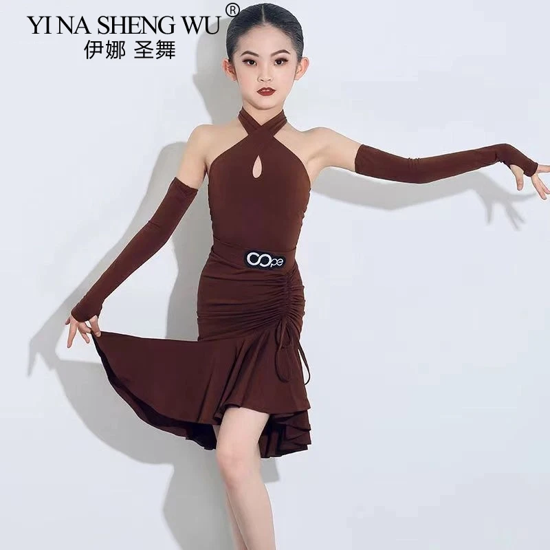 

Детское платье для латинских танцев, танцевальный конкурс, наряд для выступлений, коричневый топ с бретелькой на шее, юбка, платье для занятий бальными танцами для девочек