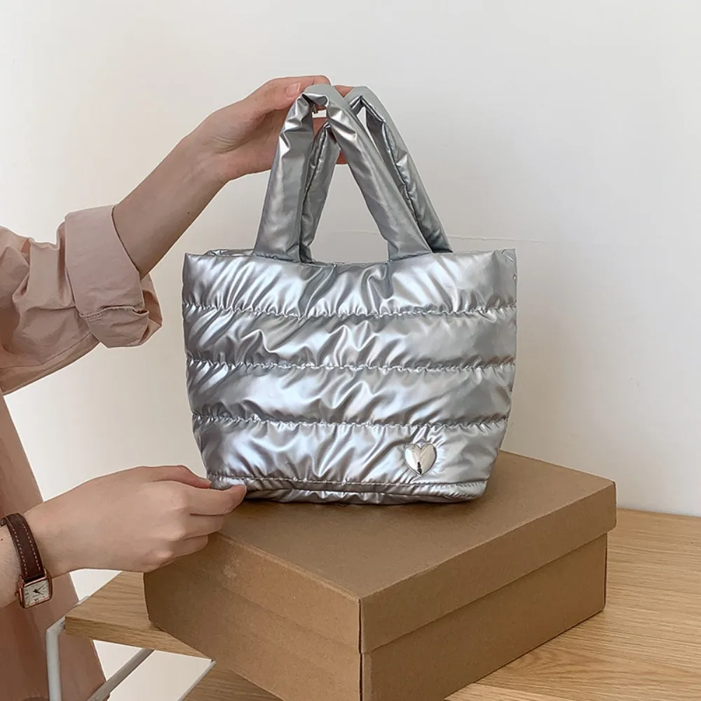 

Fashionable Korean Style Space Cotton Tote Bag Plaid Silver Nylon Handbag Solid Color Down Cloud Bag Girls