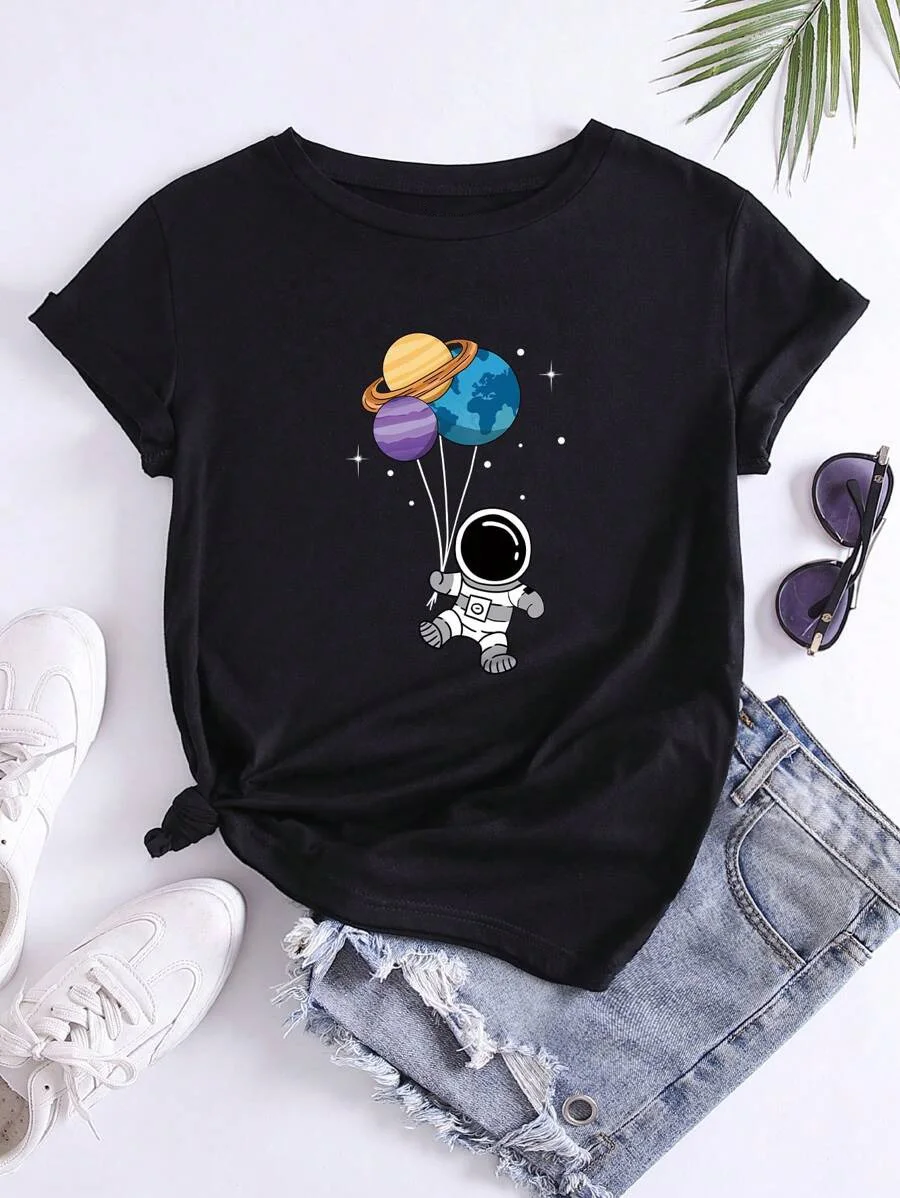 

Plus - Size Black Short - Sleeve Tee with Cartoon Astronaut & Planet Balloons Print