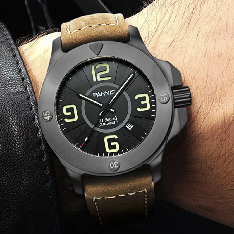 Fashion Parnis 47mm Black Mechanical Men Green Word Automatic Watch Sapphire Crystal Leather Strap Men Wristwatches reloj hombre