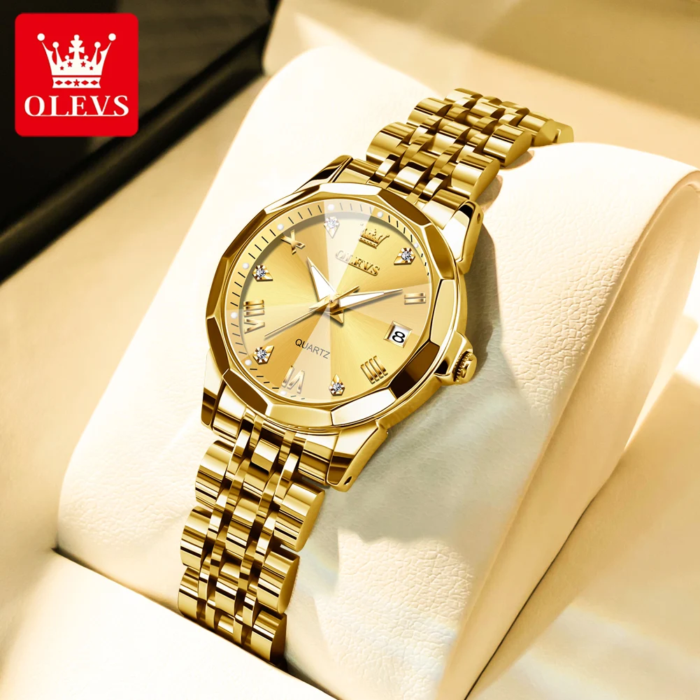 OLEVS-Montre à quartz en diamant pour femme, montre-bracelet élégante, étanche, acier inoxydable, calendrier à l'échelle romaine, luxe, 9931