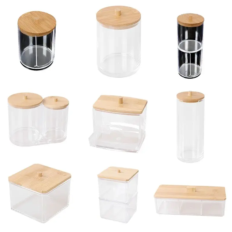 Makeup Cotton Pad Swab Storage Bin for Case Clear Plastic Apothecary Jars with Bamboo Lid Bathroom Container Flossers fo B03E