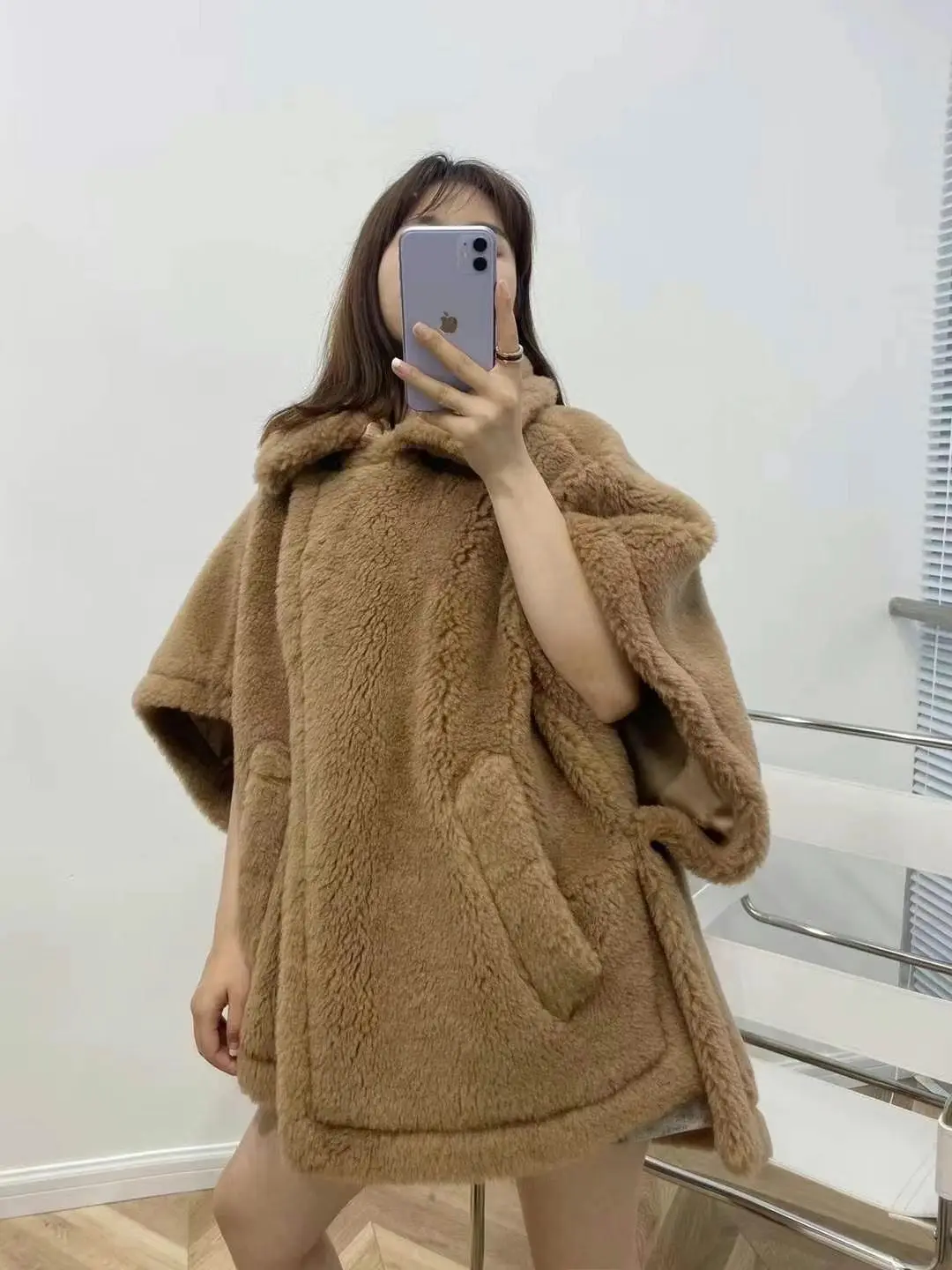 Teddy Bear cloak Jacket Female Autumn Winter Camel Jacket Gray Sheep Wool Coat Lapel Short Alpaca Silk High-end Fashion Jacket