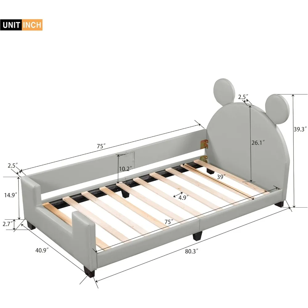 Twin Size Upholstered Daybed with Carton Ears Shaped Headboard Bed Frame for Boys Girls Kids Adults Toddler, Grey