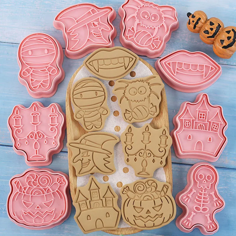 8Pcs Halloween Cookie Cutters Haunted House Mummy Skeleton Fangs Lips Witch Candle Biscuit Stamp Mold