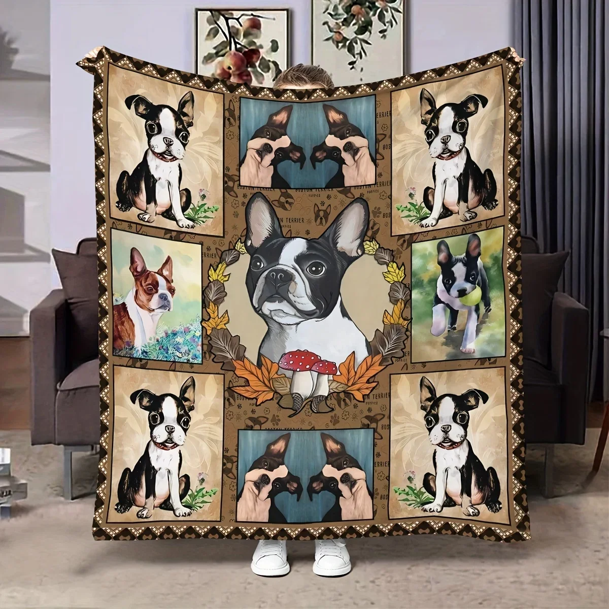 Cozy Fleece Blanket with Cute French Bulldog Design Soft for Sofa, Camping Travel All-Season Must-Have for Home Outdoor Scenes