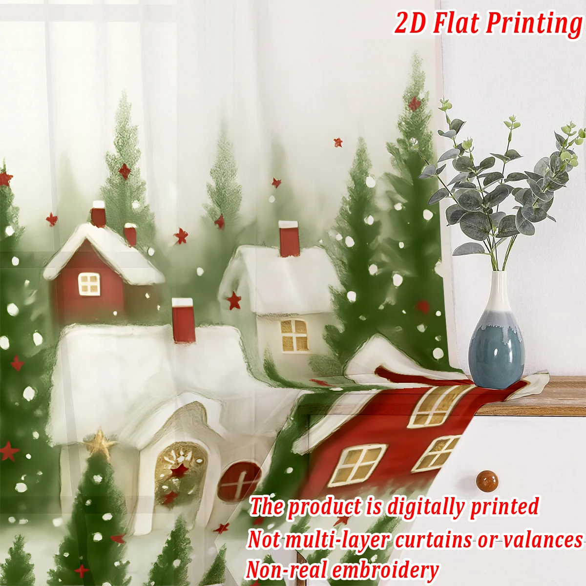 Cortina transparente con estampado plano de Navidad, casa de árboles de Navidad, baya de copo de nieve para decoración de sala de estar y dormitorio, fiesta navideña
