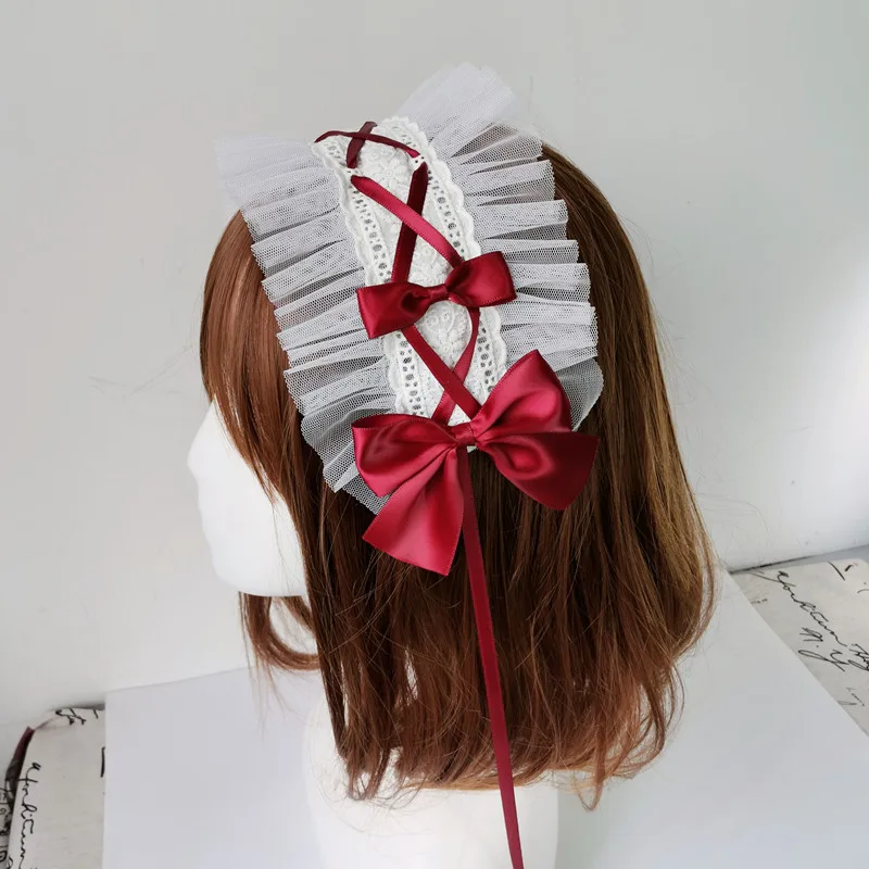 Japanese Anime Gothic Headband Lolita Tea Party Headwear KC Sweet Hair Accessories Handmade Lace Bow Ornament