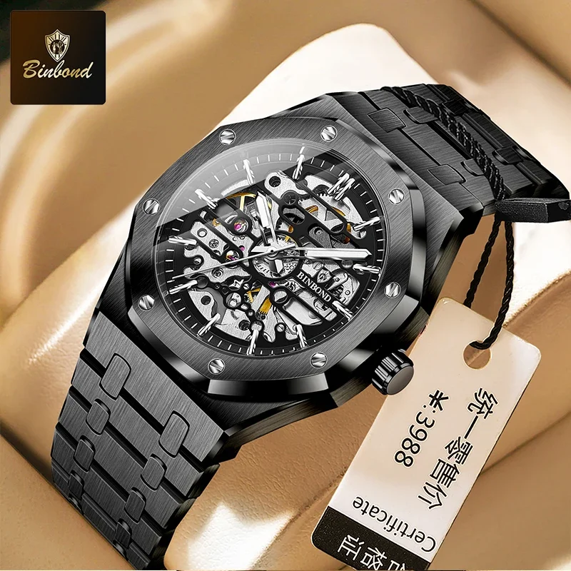 

BINBOND брендовые модные мужские часы из нержавеющей стали, автоматические механические водонепроницаемые часы, роскошные деловые мужские часы с полым скелетом