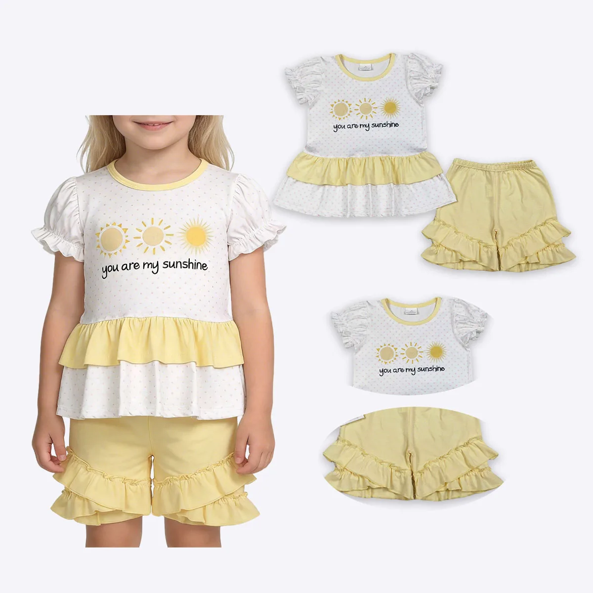 

Baby Girls Polka Dots You are My Sunshine Tunic Ruffle Shorts Clothes Sets Children Clothing Infant Toddler Outfits Wholesale