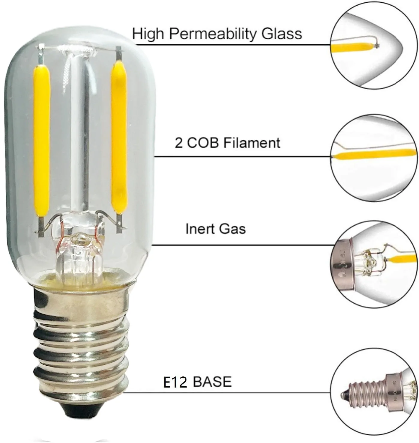 빈티지 레트로 COB 필라멘트 LED 전구, T20 E14 E12, 2W 유리관, 따뜻한 흰색, 2200K, 15W 할로겐 램프 교체, 홈 바 장식