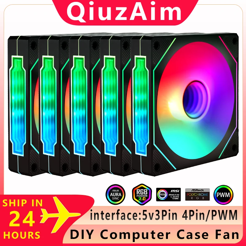 

QiuzAim gaming pc case ventilador Fan 120mm 5-in-1 set suit ARGB Cyclic Mirror Light Effect 4Pin PWM 5V 3Pin Cooler Air-Cooler