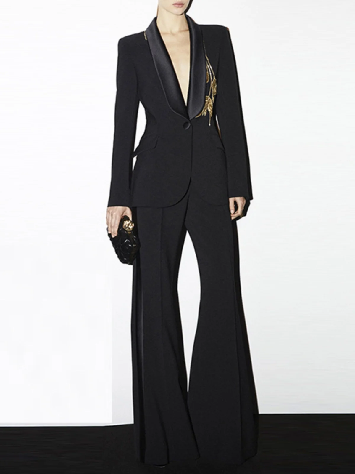 

Elegant Fashionable High-End Design Slim Fit Suit with Heavy Beading And Bell Bottom Pants Two-Piece Set for Women