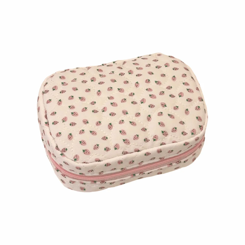 Ins Style Strawberry Print Makeup Bag Multi-layer Compartment Large Capacity Toiletry Bag Makeup Storage Pouch Women Girls
