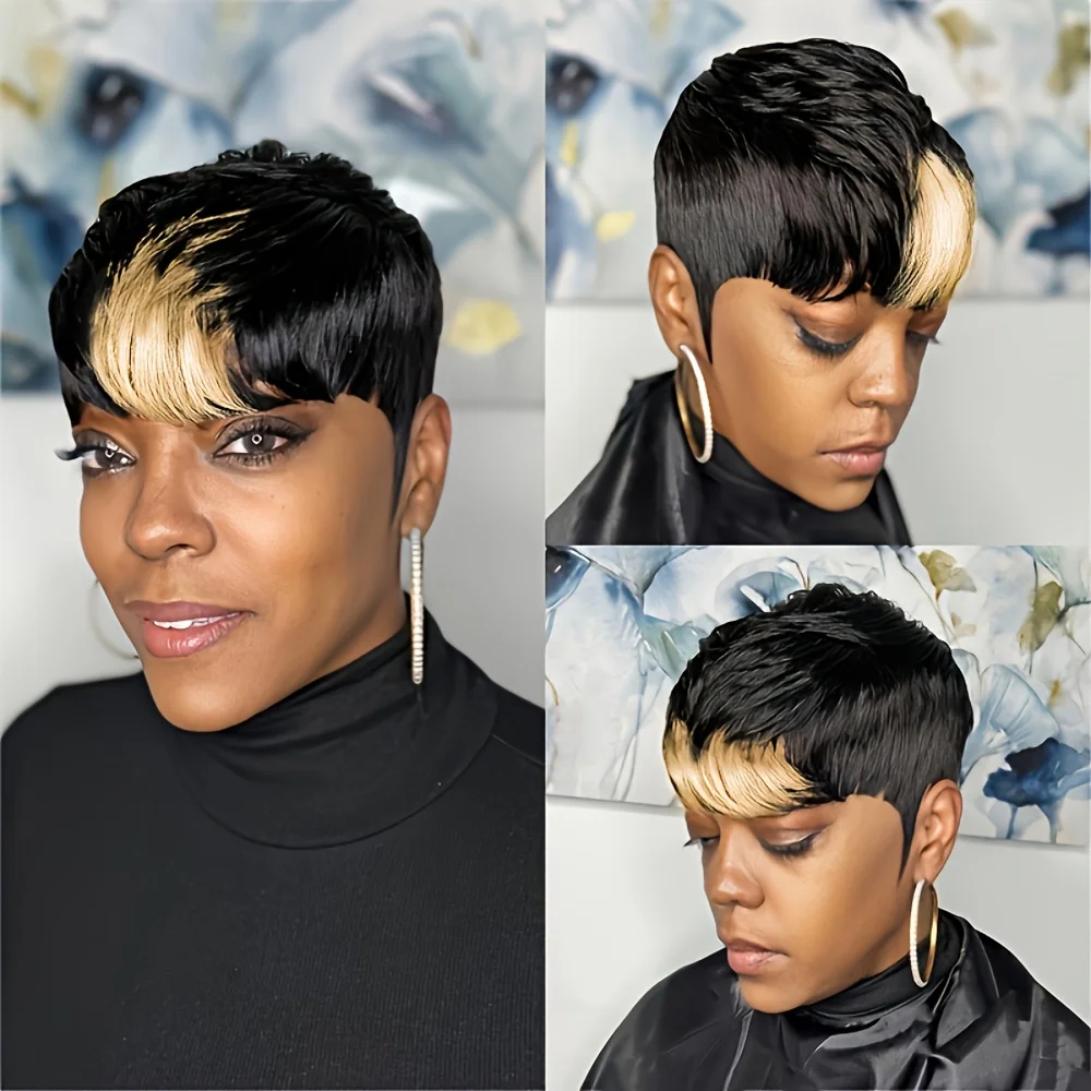 ピクシーカット ストレート 人毛ウィッグ 女性用 1B/613 #   カラーフルマシンメイドウィッグショートレイヤードストレートウィッグ前髪付き