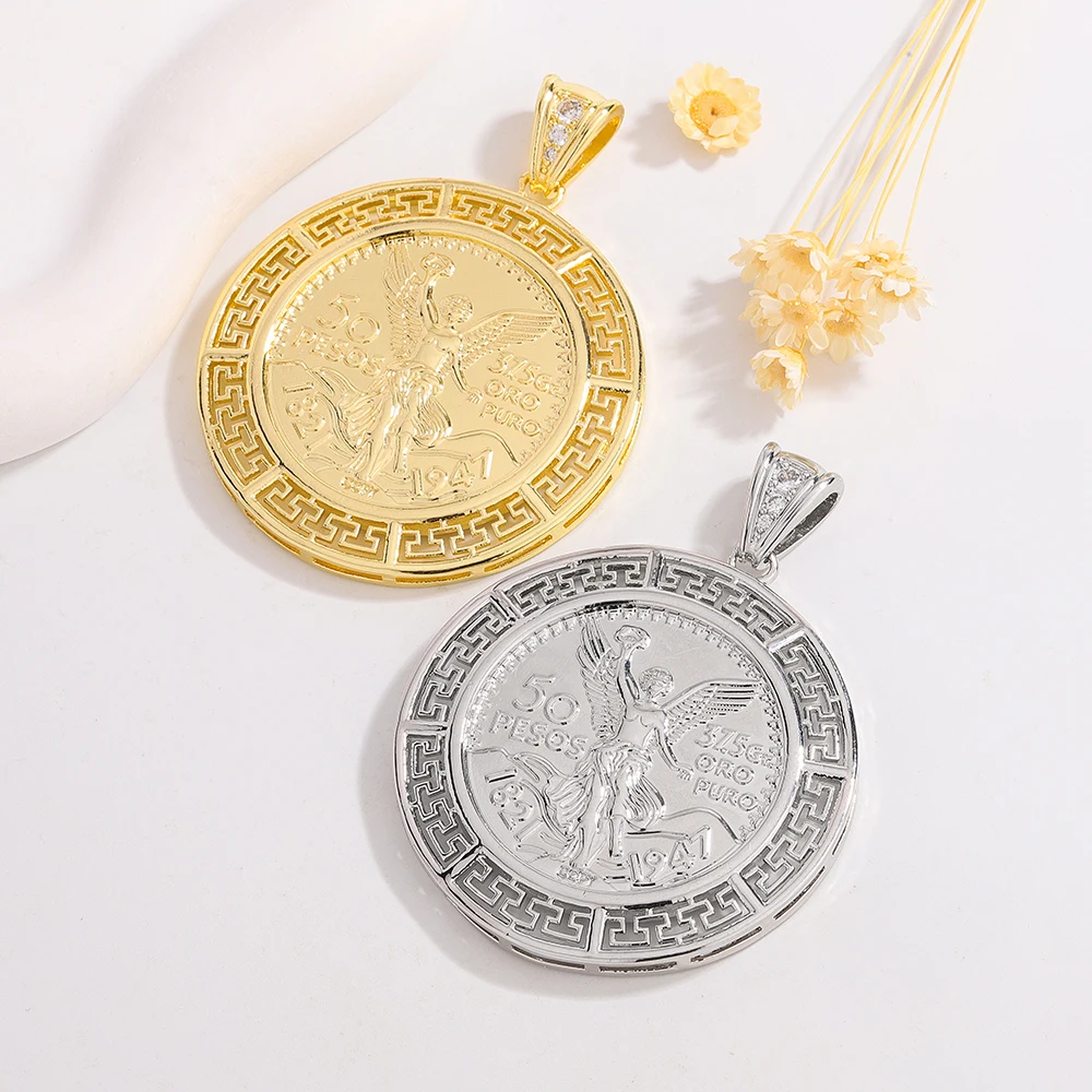 

Ruixi Fashion New Personality Large Mexican Statue of Liberty 50 Peso Gold Coin Hip Hop Necklace Pendant Party Gift