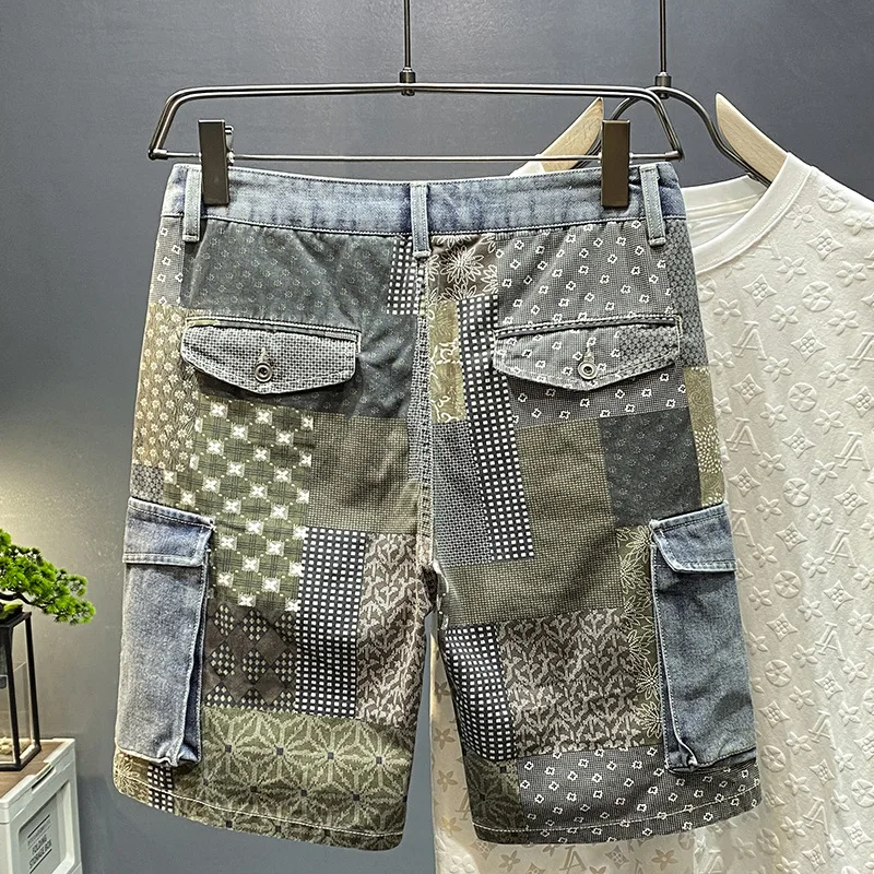 Paisley Denim Shorts Men2024zomerse Nieuwe Veelzijdige Casual Losse Straight Street Tide Werkkleding Merk Vijfpuntsbroek