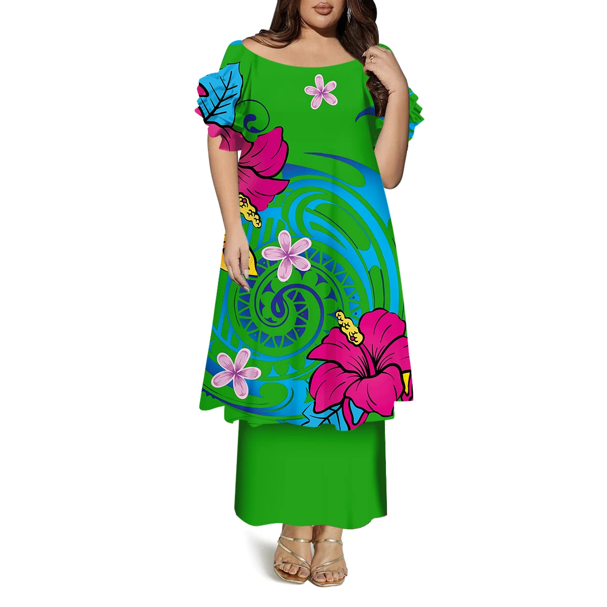 Vestido feminino polinésio casual personalizado de camada dupla com padrão em torno do pescoço mangas borboleta vestido de verão solto de alta qualidade