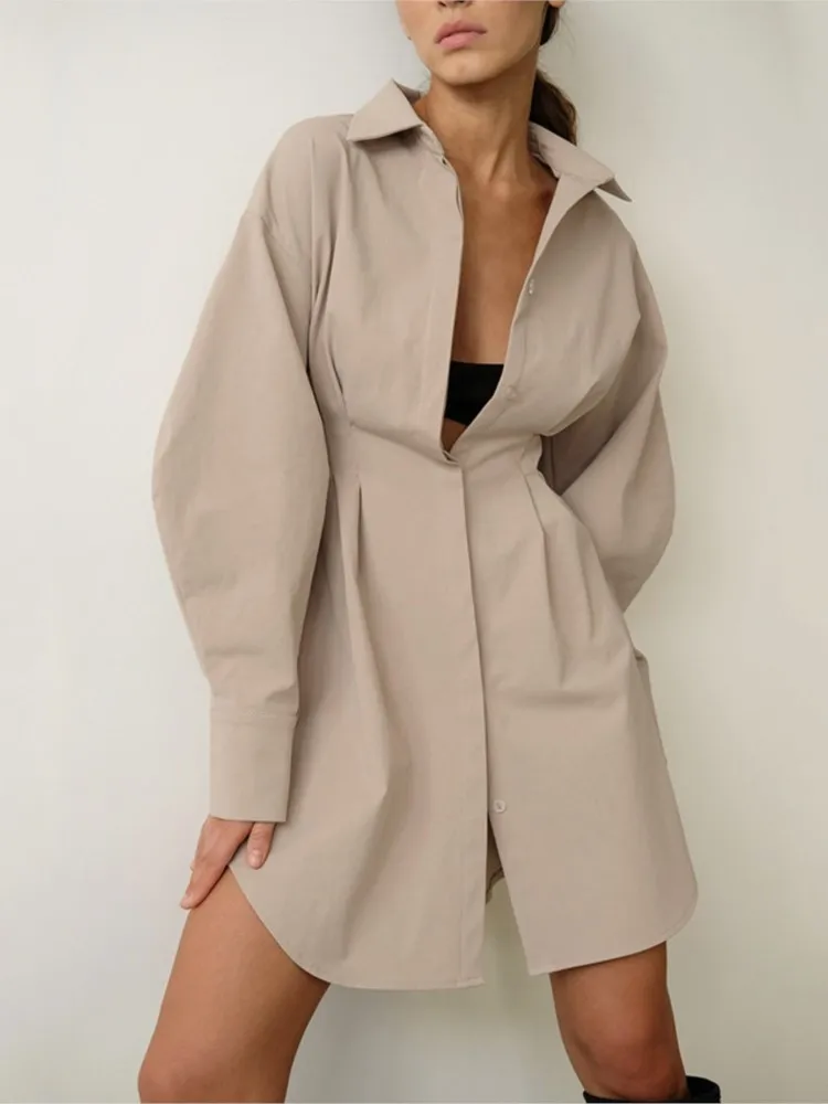 Woman's Elegant Mini Dress Spring Fashion Lapel Long Sleeved Dresses Ladies Solid Color Single Breasted Waist Cinched Vestidos