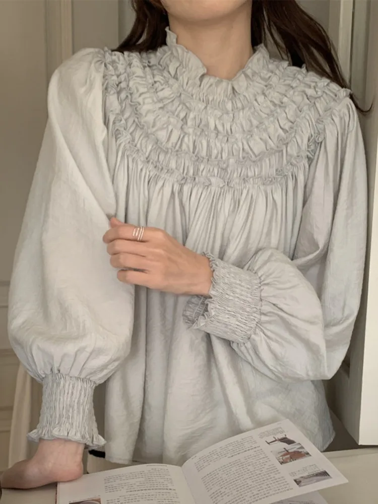 

Pure Color irt Women's Spring New Design Loose Long Sve Top with Wood ain Crt Folded Detail Office Commute Sle