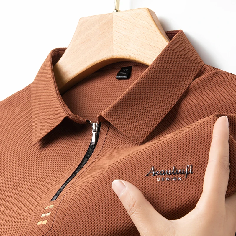 

Luxury Brand Men's 2024 Summer New Embroidered Ice Silk Zipper Polo Shirt Business Casual Traceless Lapel T-Shirt Men's Wear