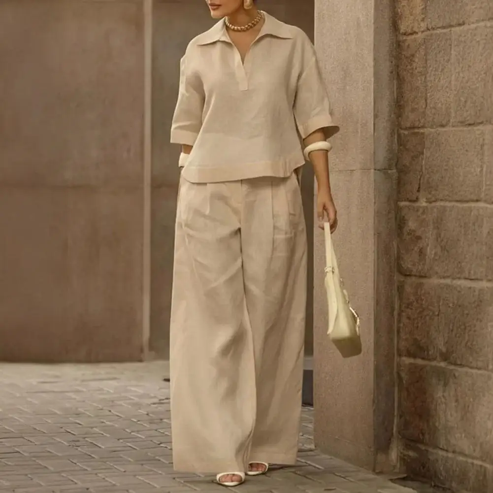 

Loose Short-sleeve Top Set Women's 2 Piece Set Casual Short Sleeve Top Wide Leg Pants Summer Outfit Lapel V Neck Lounge Travel